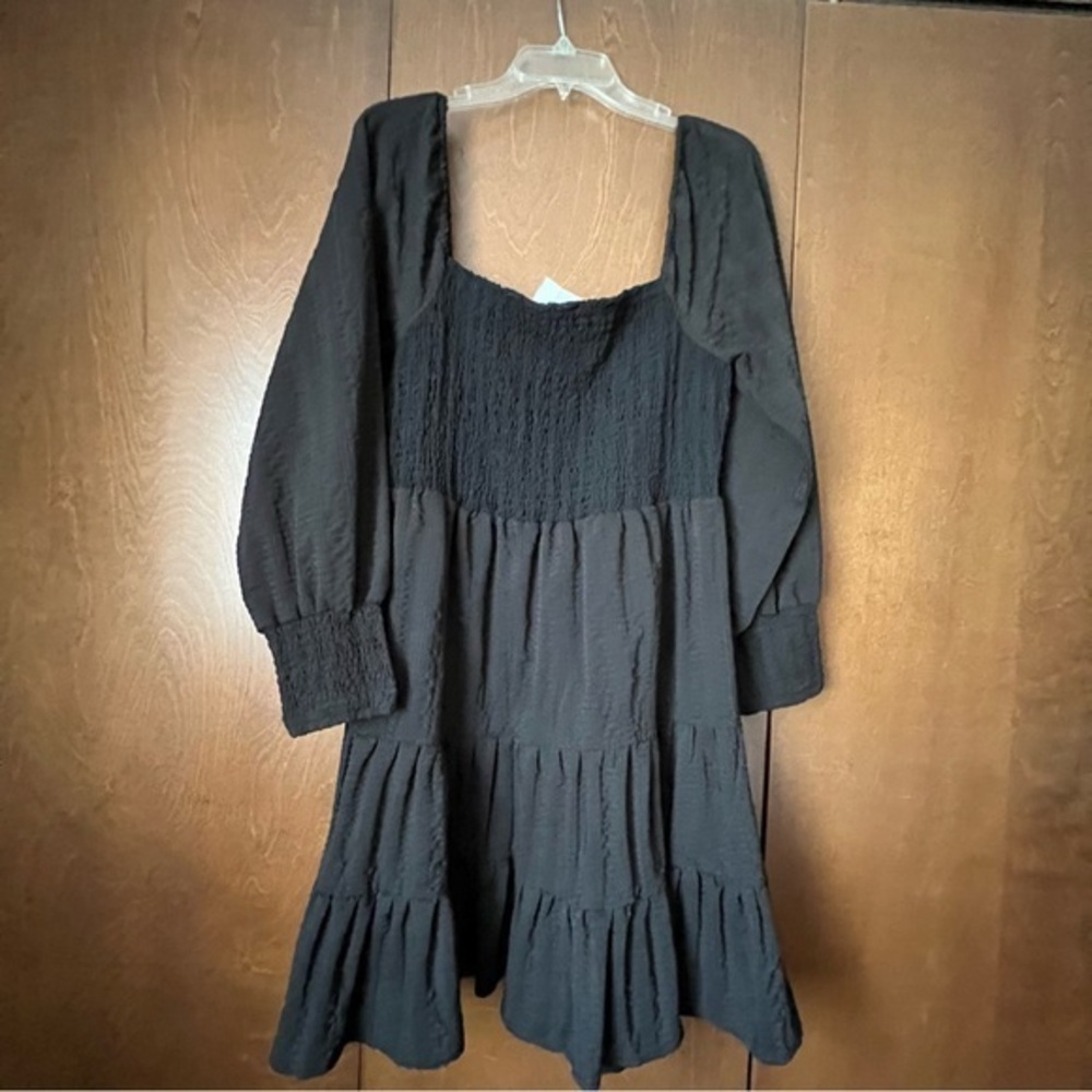 West of Melrose Black Smocked Cuffs and Chest Tiered Black Midi NWT XL